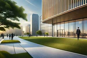 a rendering of a building with people walking on the grass. AI-Generated photo