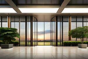 modern office lobby with large windows and potted plants. AI-Generated photo