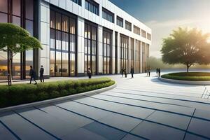 a rendering of a modern office building with people walking around. AI-Generated photo