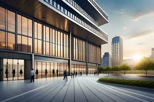 a rendering of a building with people walking around. AI-Generated photo
