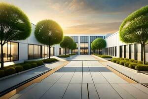 modern office building with trees and grass. AI-Generated photo