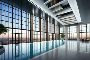 a large indoor swimming pool with large windows. AI-Generated photo
