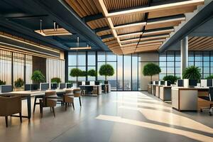 modern office with large windows and lots of plants. AI-Generated photo