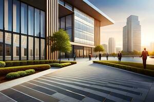 a rendering of a modern office building with people walking. AI-Generated photo