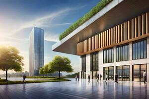 the building is surrounded by trees and grass. AI-Generated photo