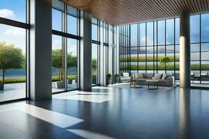 a modern living room with large windows and a view of the water. AI-Generated photo