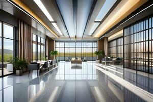 modern office lobby with large windows and large floor to ceiling windows. AI-Generated photo