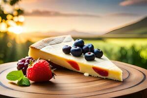 cheese cake with berries on wooden board. AI-Generated photo
