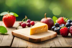 cheese and berries on a wooden table. AI-Generated photo