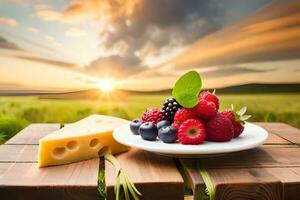fresh berries and cheese on a wooden table with a sunset background. AI-Generated photo