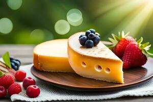 cheese and berries on a wooden plate. AI-Generated photo