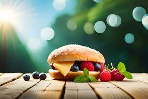 a hamburger with berries and cheese on a wooden table. AI-Generated photo