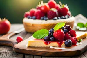 cheesecake with berries and cream on wooden table. AI-Generated photo