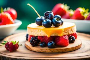 a cake with berries and a yellow sauce. AI-Generated photo