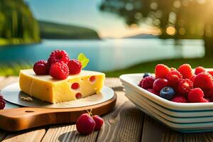 cheese and berries on a wooden table. AI-Generated photo