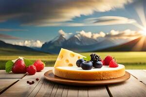 cheese cake with berries and cheese on a wooden table. AI-Generated photo