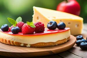 cheesecake with berries and cheese on wooden table. AI-Generated photo
