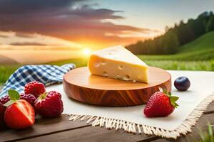 a piece of cheese on a wooden board with strawberries and blueberries. AI-Generated photo