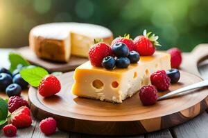 cheese and berries on a wooden table. AI-Generated photo