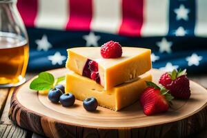 queso y bayas en un de madera tablero con un americano bandera. generado por ai foto