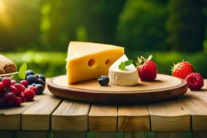 cheese, berries and bread on a wooden table. AI-Generated photo