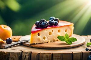 cheese with blueberries and berries on a wooden table. AI-Generated photo