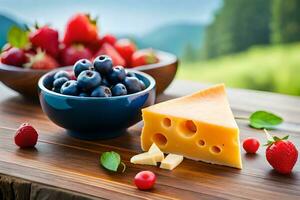 cheese, blueberries and strawberries on a wooden table. AI-Generated photo