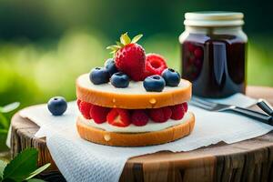 a cake with berries and cream on top. AI-Generated photo