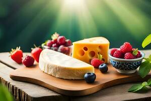 cheese, berries and raspberries on a wooden board. AI-Generated photo