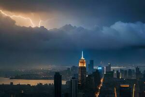 lightning strikes over the empire state building in new york city. AI-Generated photo