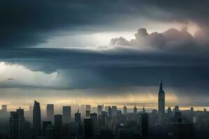 un Tormentoso cielo terminado nuevo York ciudad. generado por ai foto