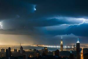 lightning strikes over the city of hong kong. AI-Generated photo