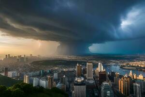 un tormenta es visto terminado un ciudad con edificios generado por ai foto