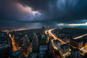 a storm is seen over a city with lightning. AI-Generated photo