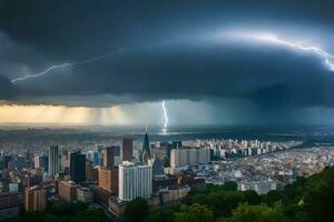 lightning strikes over a city and a large cloud. AI-Generated photo