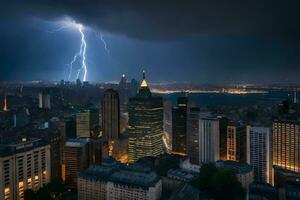 lightning strikes over new york city skyline. AI-Generated photo