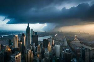 a city skyline with a storm coming in. AI-Generated photo