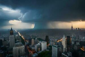 a storm is seen over a city with tall buildings. AI-Generated photo