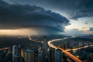 un tormenta nubes terminado el ciudad a oscuridad. generado por ai foto