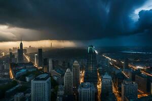 un tormenta es visto terminado el ciudad horizonte a noche. generado por ai foto