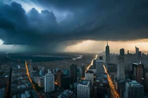 a storm is seen over a city skyline. AI-Generated photo