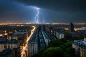 lightning strikes over the city of stockholm, sweden. AI-Generated photo