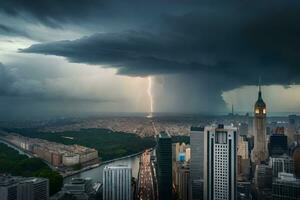 a lightning bolt strikes through the sky over new york city. AI-Generated photo