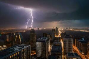 a lightning bolt strikes over a city skyline. AI-Generated photo