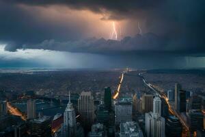 a lightning bolt strikes over a city skyline. AI-Generated photo