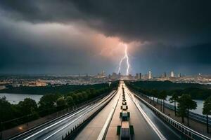 lightning storm over the city of paris, france. AI-Generated photo