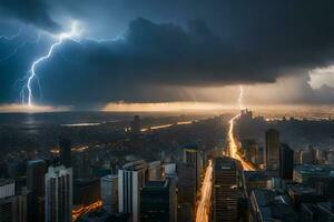 lightning strikes over a city skyline with buildings in the background. AI-Generated photo
