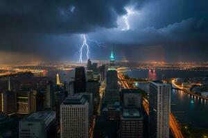 lightning strikes over new york city. AI-Generated photo