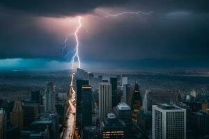 lightning strikes over new york city skyline. AI-Generated photo