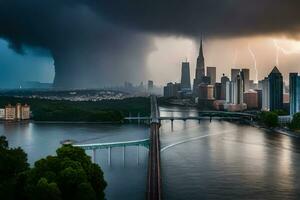 un tormenta es visto terminado un ciudad con un puente y un río. generado por ai foto